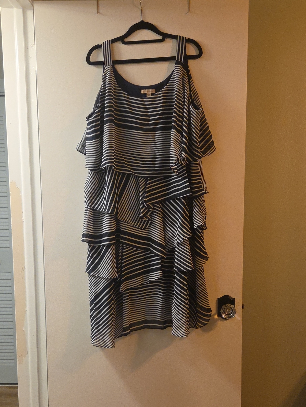 Striped Ruffle Midi Dress in Navy and White